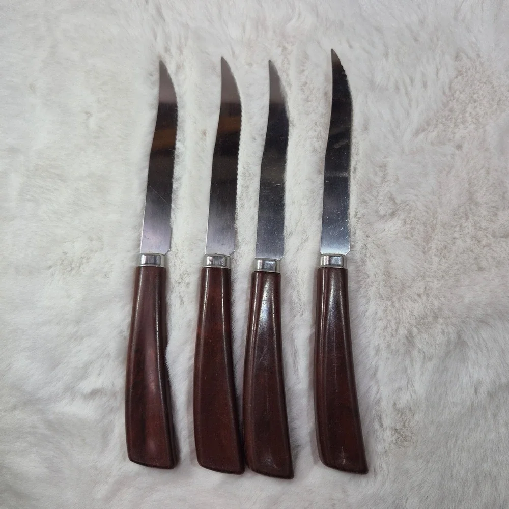 Vintage Quikut Steak Knives Set of 4 Serrated Stainless Steel Brown‎ MCM Handles
